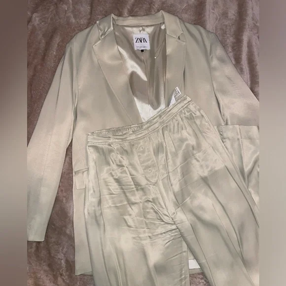 Zara olive satin suit jacket and pants S - Picture 2 of 6